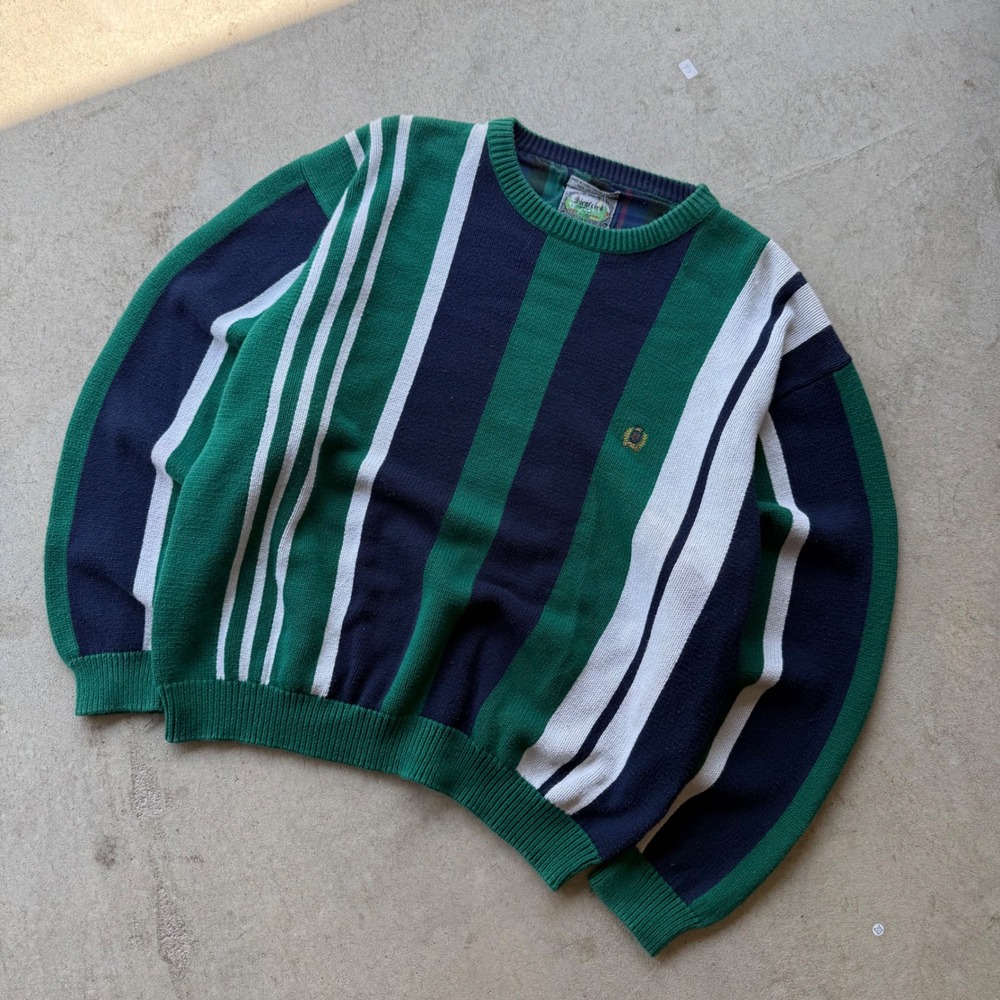 90s Mens Siegfried Vertical Stripe Cotton Knit Preppy Crewneck Sweater XL